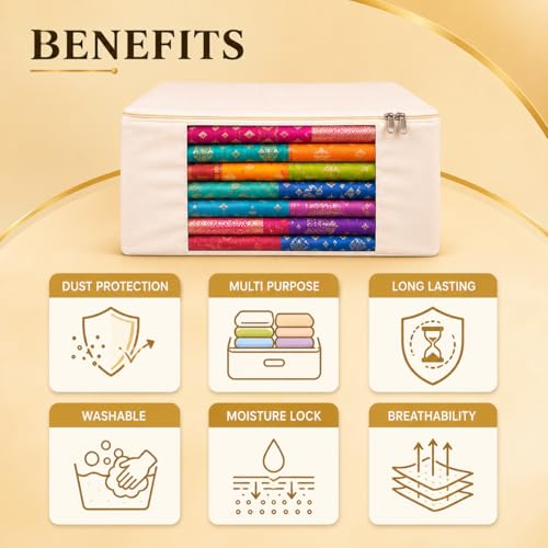 Image of Kottify 2 Pack Cotton Canvas Clothes Storage Bags /Saree Covers with Zip for Storage Specially Design for Woman Dresses, Sarees, Lehengas for Wardrobe Organizer (43cm x 36cm x 17.8cm),Beige
