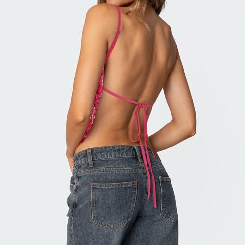 Nicoxijia Women's Y2K Sequin Cami Tops Rhinestone Sparkle Sleeveless Tie Front Backless Low Cut V-Neck Straps Tank Crop Top (Red, M) - Image 4