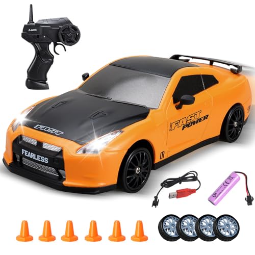 Afenau Coche RC Drift, 1:24 Coche Teledirigido Drift con Iluminación, 30 km/h, 2.4 GHz, 4WD Drift RC Car, Coche de Drift Teledirigido para Niños y Adultos a Partir de 6 Años (Amarillo)