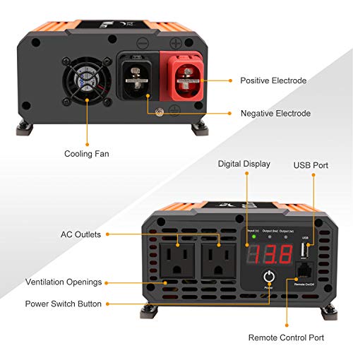 Ampeak 1000W Power Inverter 12V DC to 110V AC with 2 AC Outlets and USB Port Remote Control Car Converter