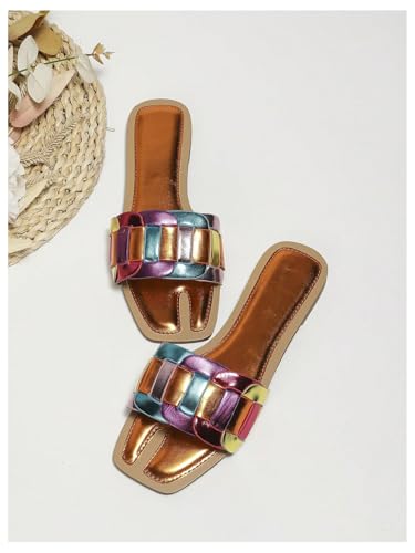 Image of GORGLITTER Women's Colorful Sparkly Multi Colored Summer Slip Flat Sandals | Colorful Flat Sandals, Leather Sandals, Slip on Sandals Women, Multi Colored Sandals, Summer Sandal