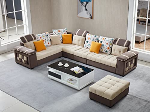 Image of Tyler 9 Seater U Shape Fabric Sofa Set in Cream & Brown Color for Living Room, Couch Sofa for Living Room, Nine Seater Sofa