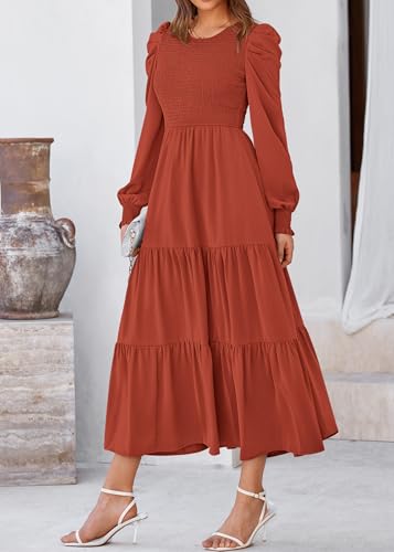 KIRUNDO Spring Dresses for Women 2026 Long Sleeve Maxi Wedding Guest Smocked Crew Neck Empire Waist A Line Flowy Long Dress(Brick Red, Medium) — view 6