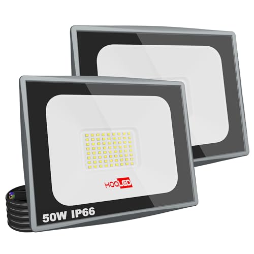 HOOLED Projecteur LED Extérieur Étanche IP65, 100W, Angle Réglable - Idéal pour Jardin, Terrasse, Sécurité, Chantier et Éclairage Public (50W-2PC)