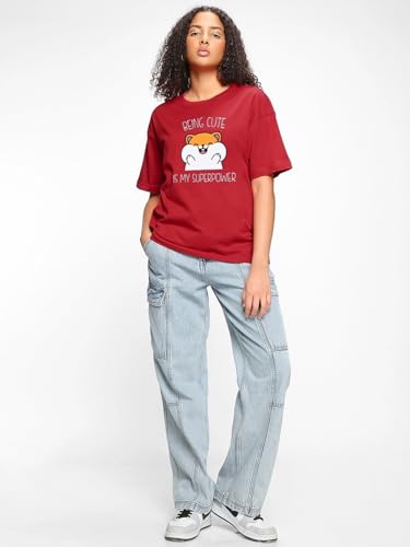 Image of Bewakoof Women's Being Cute is My Super Power Graphic Print 100% Cotton T-Shirt- Oversized Fit, Round Neck, Half Sleeve