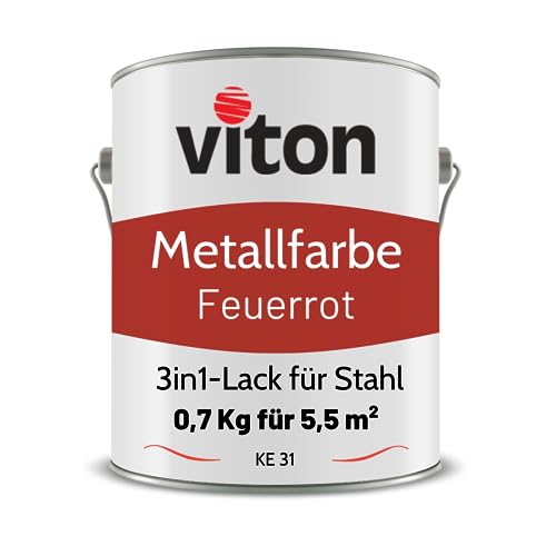 Viton Metallfarbe in Rot - 0,7 Kg Metall-Schutzlack Seidenmatt - Dauerhafter Schutz & hohe Beständigkeit - 3in1 Grundierung & Deckfarbe - Metalllack direkt auf Rost - KE31 - RAL 3000 Feuerrot