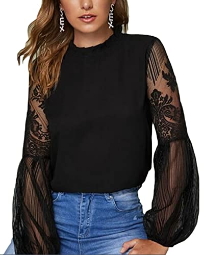 datasy Damen Blusen Elegant Spitze Oberteil Durchsichtig Ärmel Shirts Langarm Rundhals Basic Tops Langarmshirt Schwarz XXL Cover