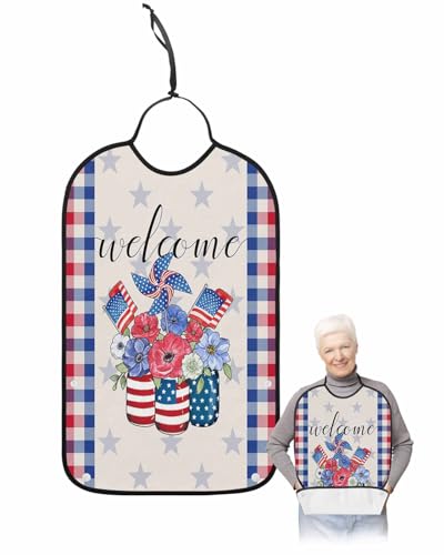 Patriotic Vase Floral Adult Bib for Adults Men, Women, 4th of July Memorial Day Lattice Washable & Adjustable Terry Cloth Bib with Crumb Catcher Reusable Waterproof Clothing Clothes Protector Apron