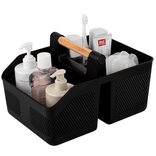 rejomiik Shower Caddy Portable with Bamboo Handle, Plastic Basket Cleaning Caddy Organizer Storage Tote for Bathroom, College, Dorm Room Essentials, Black
