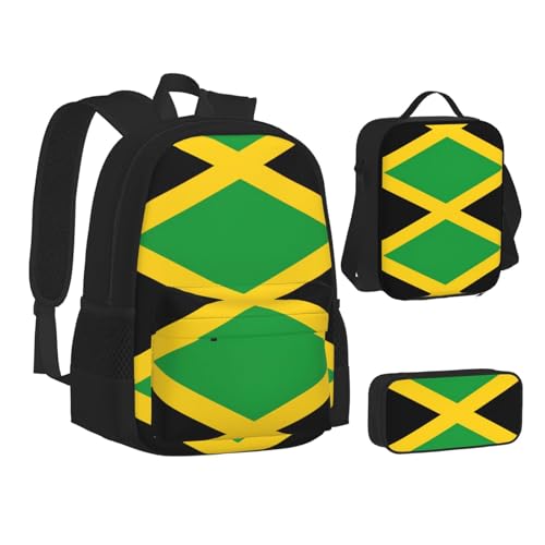 Jamaica Flag Print 3 Piece Set Backpack, Lunch Bag, Pencil Case, Cute Sturdy For College And Travel2