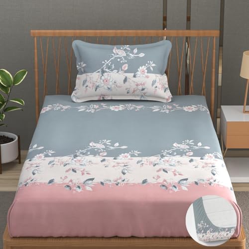 Image of Vram Premium Heavy Cotton Elastic Fitted Bedsheets with 1 King Size Pillow Covers || Single Bed with All Around Elastic 350 TC || 36 x 78 x 6 Inch Single Size Fitted || :- Pink Tricolor