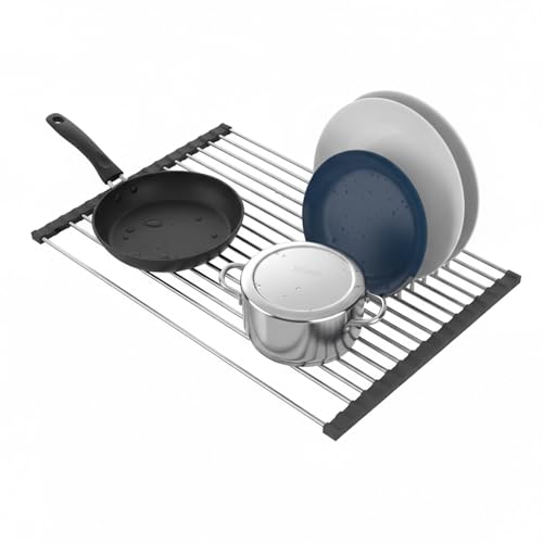 Avilia Scolapiatti Arrotolabile da Lavello in Acciaio Inox 43x35 cm - Griglia Salvaspazio Pieghevole e Multiuso - Tappetino Scolaverdura e Sottopentola Resistente al Calore