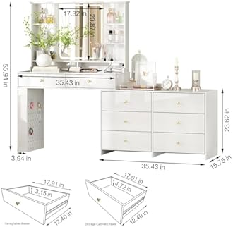 Ieejdn Makeup Vanity Desk with Mirror and Lights, Vanity Desk with 8 Drawers & Storage Shelves, Vanity Table with Power Outlet, 3 Color Modes & Adjustable Brightness Dressing Table, Bedroom,White