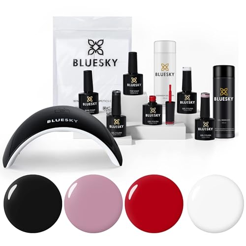 Bluesky Professional Gel Nail Polish Starter Kit With 24W Uv Led Lamp, Top & Base Coat, 4 Gel Nail Polishes - Red, Black, Pink, White, Cleanser & Acetone Remover, Lint Free Wipes