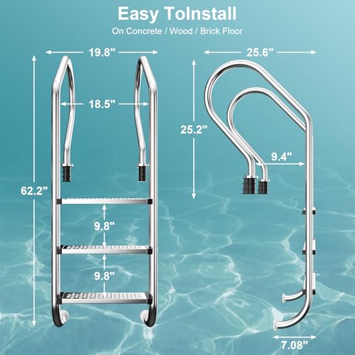 Swimming Pool Ladder, 3-Step Stainless Steel Non-Slip Pedals Pool Stairs for In-Ground Pools, Weight Capacity 330lbs, Easy to Install and Climb for Indoor/Outdoor Pools - Thumbnail 3