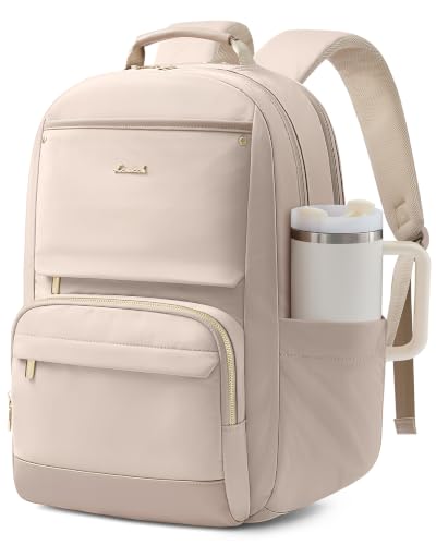 Image of LOVEVOOK Laptop Backpack for Women with Large Capacity Cup Pocket, 15.6 inch Work Purse Travel Bag for Teacher Nurse, Waterproof Computer Business Back Pack, Bookbag for College, Nude