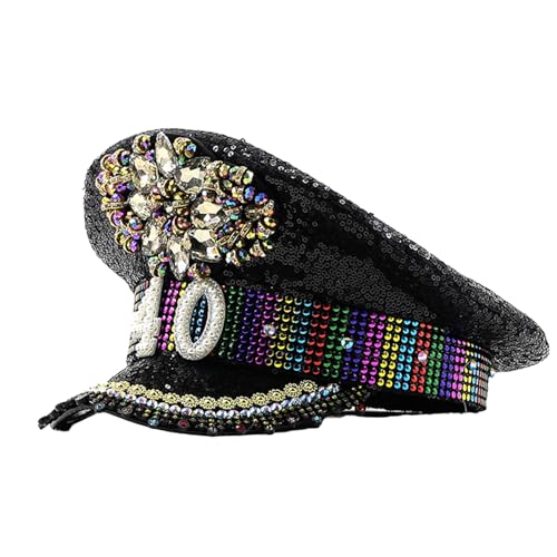 Chapeau à paillettes noir avec strass style capitaine de soirée pour femme