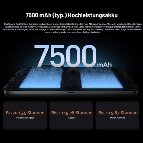 XIAOMI Pad Mini, 8 GB + 256 GB, 8,8 Zoll, 7500 mAh, 67 W HyperCharge, WLAN 7, Schwarz (mit Ladegerät im Lieferumfang enthalten)