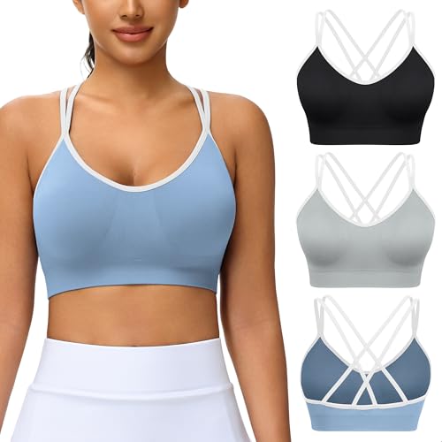 Image of VEQKING Strappy Cross Back Women Sports Bra Pack for Medium Support Workout | Removable Padded Cups, Spaghetti Strap, Comfort Seamless Wirefree, Soft Breathable Fabric, for Gym /Yoga /Pilates /Walking /Daily