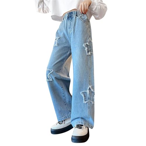 Girls Causal Straight Denim Trousers Star Print Distressed Denim Pants Elastic Waist Baggy Wide Leg Jeans Ripped4