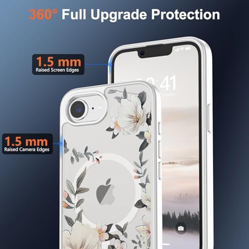 Image of VONZEE Compatible with iPhone 17e / iPhone 16e /SE4 Case, Luxury Retro Flowers Floral Clear for Magnetic Wireless Charging Case PC+TPU Cute Glossy Shiny Cover for Girls Women, White