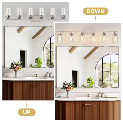 Image of Jonsi Brushed Nickel Bathroom Light Fixtures, 6-Light Brushed Nickel Vanity Light, Bathroom Vanity Light with Stripe Glass Shade, E26 Wall Sconces Over Mirror for Bathroom, Living Room, Hallway