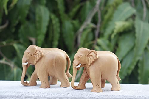 Image of Natural Elephant Kadam Wood Pair Idol Statue Wooden Animal Figure for Home Decor Living Room or Shelf Decoration - Down Trunk 2 Inches