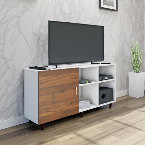 Image of VIKI Modern TV Unit for Living Room | Engineered Wood TV Cabinet with 1 Door Storage & 2 Open Shelves, Entertainment Unit, 140W x 74H x 40D cm | DIY | 1 Year Warranty (White & Walnut)