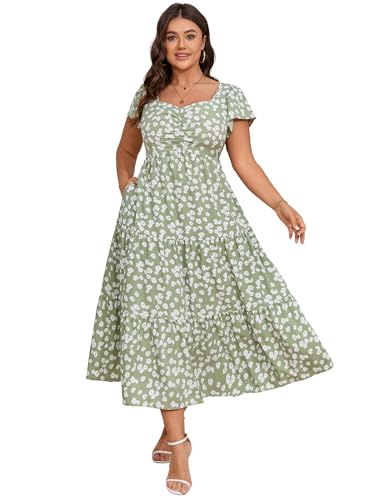 Image of KOJOOIN Women Plus Size Summer Dress Short Sleeve Casual Dress Floral Midi Dress Sweetheart Neck Ruffle Dress