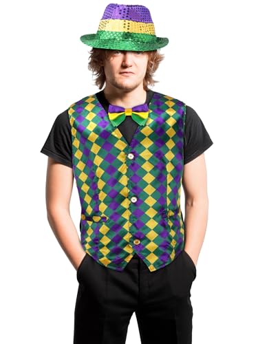 ShinyMatch 4 Pcs Mardi Gras Vest Outfits for Men Adults Suspenders Sequin Hat Bowtie Accessories for Carnival Parade(XX Large) by ShinyMatch - Image 12