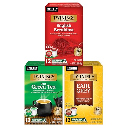 Twinings 36 K-Cup Pods Variety Pack, Includes English Breakfast, Earl Grey, and Green for Keurig and Single Cup Brewers, 12 Count (Pack of 3), Caffeinated, Enjoy Hot or Iced