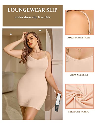In'voland Women's Plus Size Full Slip Adjustable Spaghetti Strap Cami Slip Dress Casual Camisole Dress Nightgown Summer Slips For Women 26W Apricot #TOP1