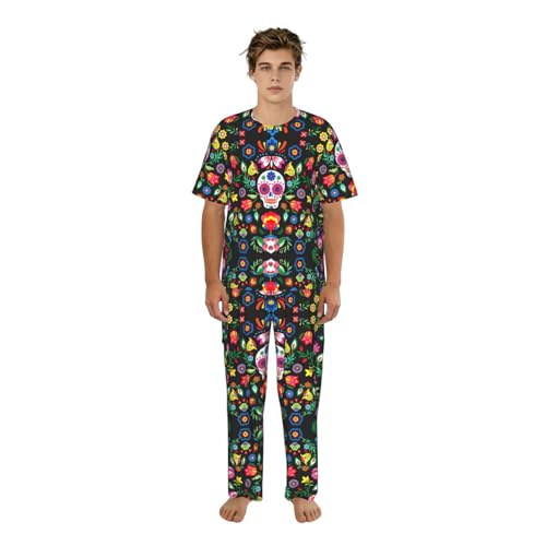 Hingor Conjunto de pijama de 2 piezas para hombre con estampado de azúcar y calaveras y flores, camiseta de manga corta y pantalones, Negro, M