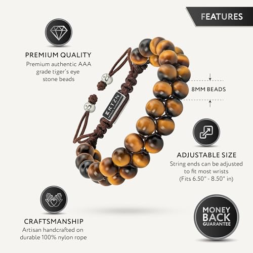 RTZN® Tigers Eye Bracelet for Men – Premium Artisan Handcrafted Golden Brown Tiger Eye Bead Bracelets – Natural Stone Tiger Eye Bracelet Men – Beaded Bracelets for Men3