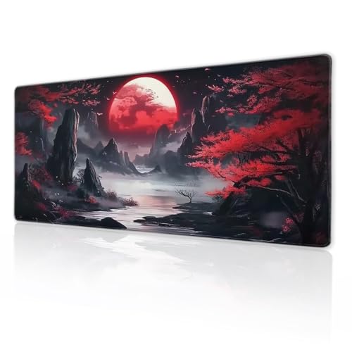 Riverside rotes Vollmond-Mauspad, japanische erweiterte Schreibtischmatte, schwarz, rot, großes XL-Mauspad, rutschfeste Gummiunterseite, genähte Kanten, lange Tastaturunterlage für Schreibtisch,