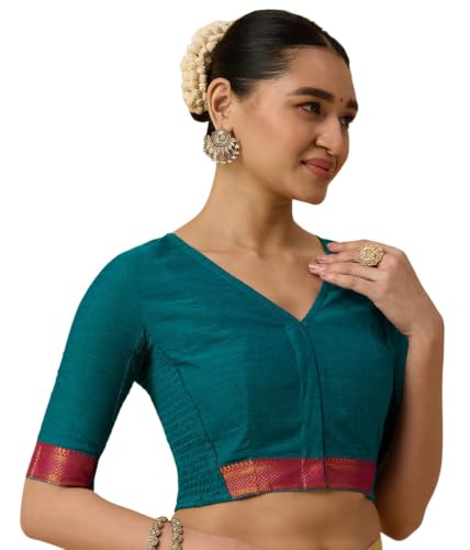 Image of Studio Shringaar Women's Handloom Cotton Stretchable (Smocked) Saree Blouse with Temple Zari Border