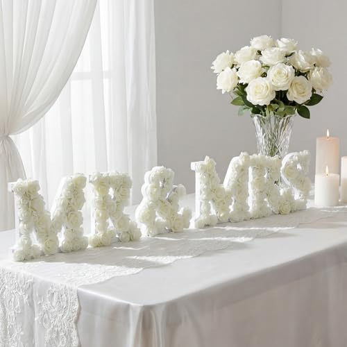 Wenqik Mr and Mrs Sign Wedding Table Decorations 6.3 Inch White Floral Wooden Freestanding Letters for Cake Table Bridal Shop Photo Props Rustic Anniversary Wedding Shower Gift