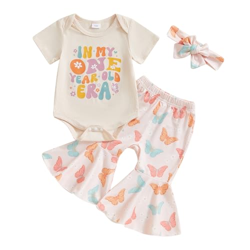 Lamuusaa Toddler Baby Girl Birthday Outfit One/Two Year Old Era Romper/T-shirt Butterfly Flared Pants Headband Summer Outfit (Beige-One Year Old Era, 12-18 Months)