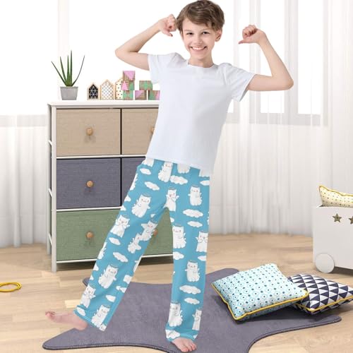Boy's Pj Pants White Angel Cat Fly Cloud Blue Lounge Bottoms Elastic Waist Kids Joggers with Pockets Size 6-144