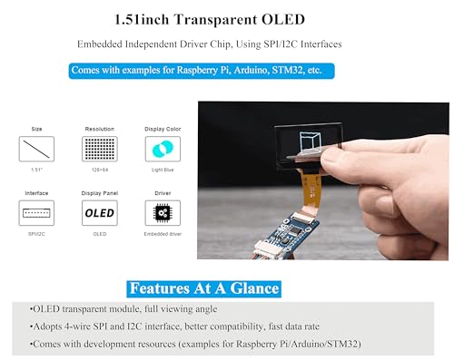 Image of 1.51inch Transparent OLED Compatible with Raspberry Pi 5 /4B /3B+ /3B /A+ /Pi Zero W /Pi Zero 2W, 128 x 64 Resolution, SPI /I2C Interfaces, Embedded Independent Driver Chip, Light Blue Color Display