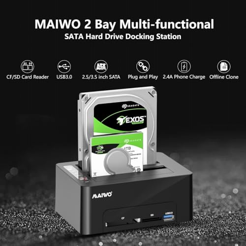 Image of MAIWO Dual Bay Hard Drive Docking Station with Offline Clone for 2.5 3.5 inch SATA HDD /SSD, Support Reading CF&SD Card, USB 3.0 5Gbps Drive Duplicator Cloner, 36TB Capacity