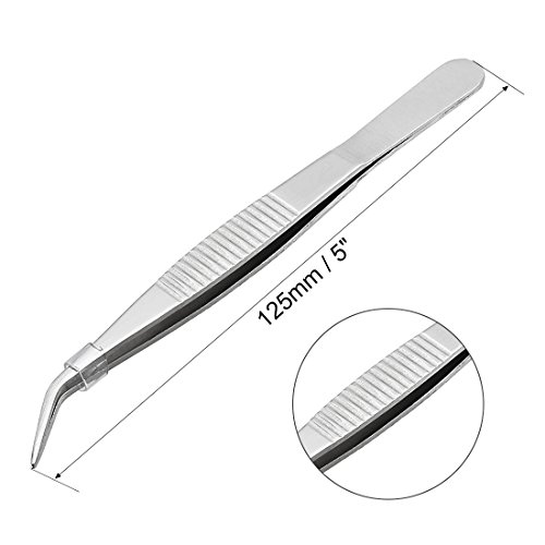 Sourcingmap 5-Inch Stainless Steel Tweezers with Curved Pointed Serrated Tip, Silver - Image 2