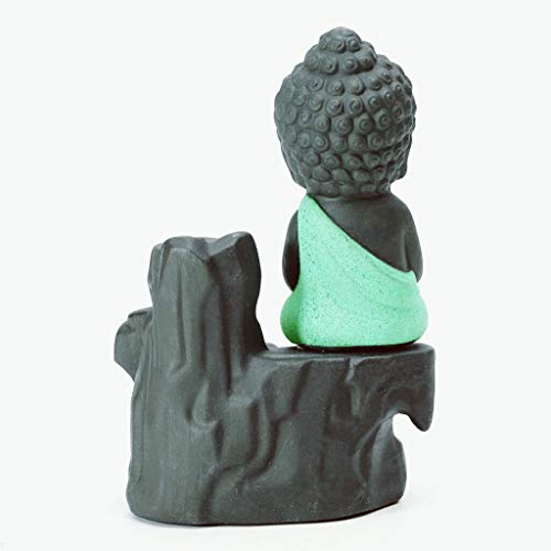 Image of CRAFTAM Meditating Monk Buddha Smoke Backflow Fountain Cone Incense Holder Decorative Showpiece with Free 10 Smoke Backflow Scented Cone Incense (Green)