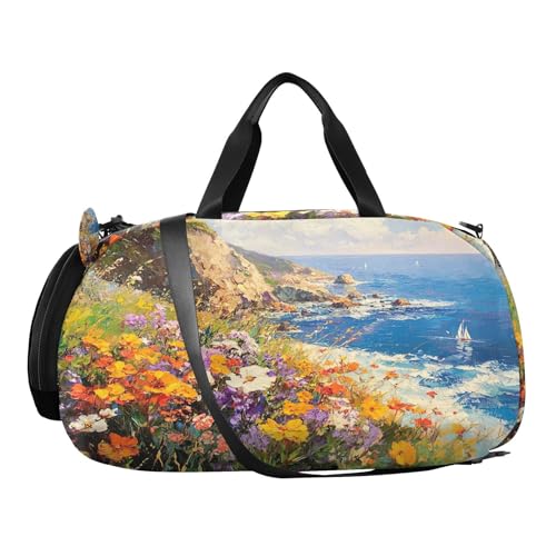 YETTASBIN Sport Travel Duffel Bag for Girls Boys, Art Painting Flower Large Waterproof Weekender Overnight Bag, Detachable Shoulder Strap Gym Bag with Shoe Compartment & Wet Pocket2