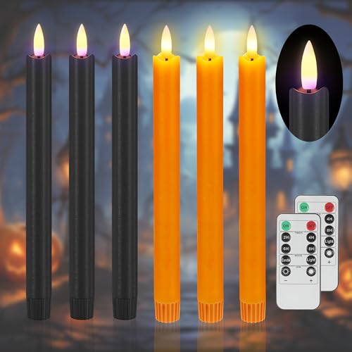 Image of SHENSY Halloween Flameless Taper Candles -6Pack Orange and Black Real Wax LED Candlesticks with 3D Flickering Flame, Battery Operated with Remote & Timer - Spooky Window and Table Decor