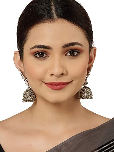 Image of Karatcart Oxidised Silver Floral Kundan Kaanchain Jhumki Earrings For womens