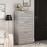 AGOTENI Shoe Cabinet, Grey Narrow Shoe Cabinet with 3 Flip Doors & Adjustable Shelf, Modern Shoe Sto