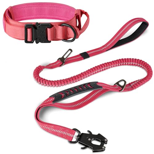 Joytale Tactical Dog Collar(17"-21") and Dog Leash Set, Shock Absorbing Bungee Dog Leash and Adjustable Strong Dog Collar with Handle for Large Dogs(Hotpink, L)