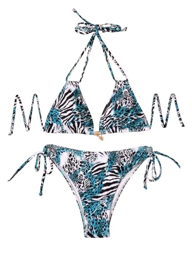 Maillot de bain 2 pièces imprimé léopard et floral bleu taille XS pour femme