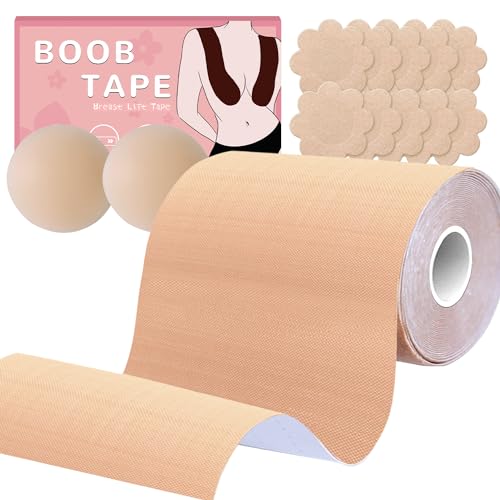 Boobytape for Breast Lift Plus Size 6 inch, Extra Large Boobs Tape Adhesive Bra Tape, Breast Tape Lifting Large Breast D-G Cup Push Up Tape with Nipple Covers Satin Nipple Pasties Cream